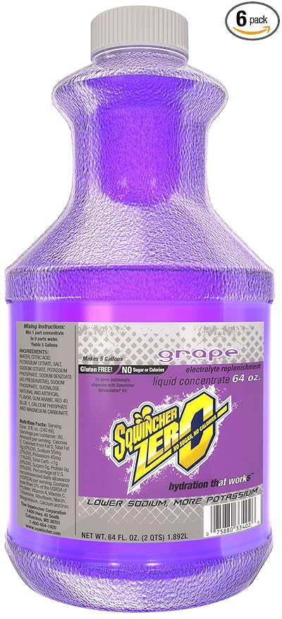 Sqwincher Zero Liquid Concentrate| Grape Flavored | Sugar Free | Low Calorie | Low Sodium | Electrolyte Replenishment Hydration Drink Mix| Makes 5 Gallons of Beverage | 64 oz (Pack of 6)