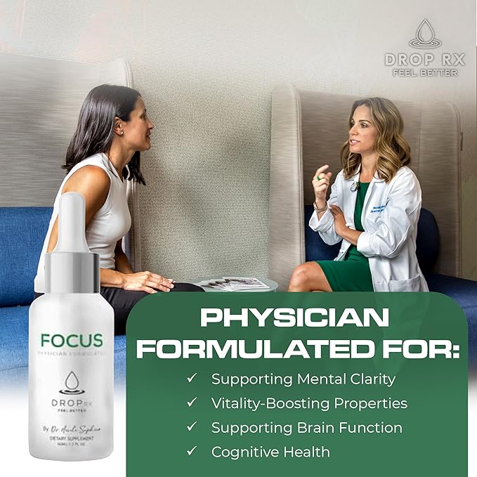 DropRx Focus Liquid Drop Supplement for Memory Brain Support Clarity &amp Focus - Ginkgo Biloba and Ginseng Organic Herbal Blend - Made in USA by Dr. Nicole Saphier (2fl.oz)
