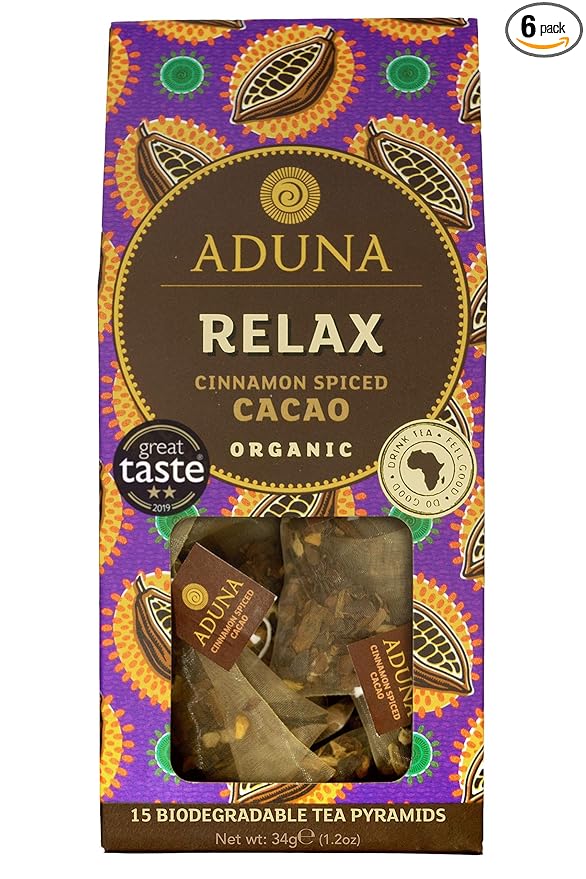 Aduna Organic Relax Cacao Super Tea | Natural Caffeine-Free Herbal Infusion With Cinnamon Cardamom &amp High-Flavanol Cacao | Superfood Tea for Heart Support | 15 Biodegradable Pyramid Bags x 6 Pack