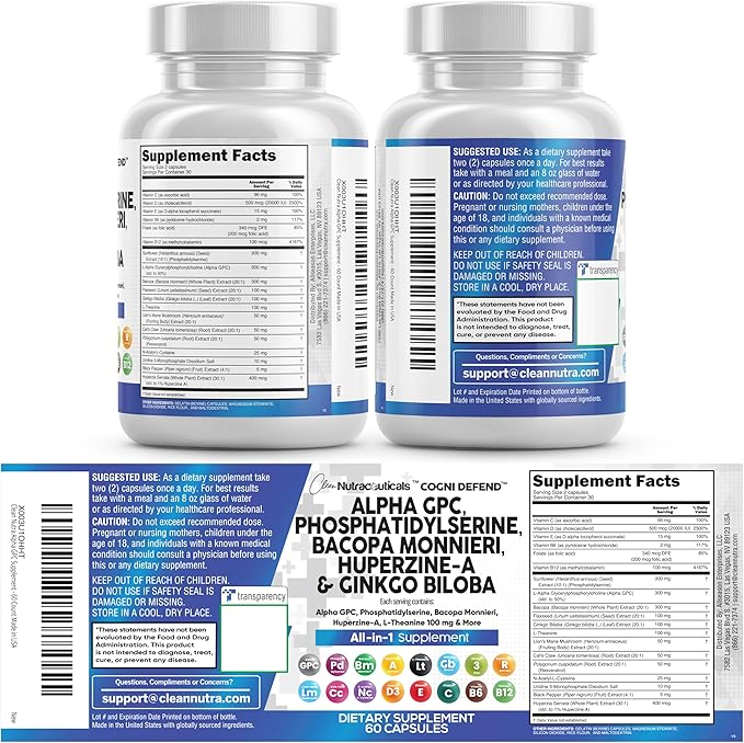 Brain Supplement Alpha GPC 300mg Phosphatidylserine Bacopa Monnieri Ginkgo Biloba Lions Mane Huperzine A L-Theanine NAC Nootropic Memory Focus Cognitive Support Vitamins B C D E 60 Capsules USA