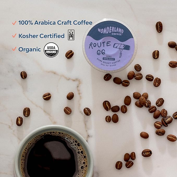 Wonderland Coffee | Route 66 Organic Coffee B-Pods | Only Compatible with Bruvi Single-Serve Coffee Brewer | Includes 60 Pods