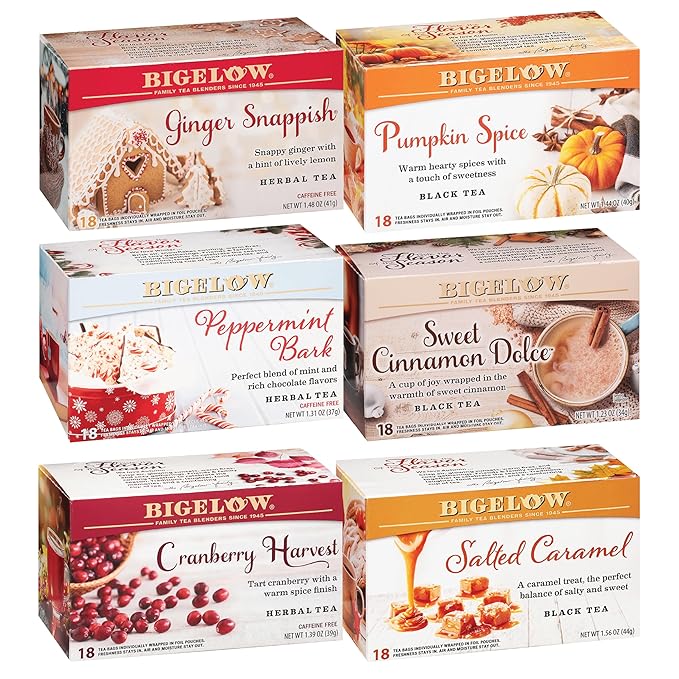 Bigelow Tea Seasonal Tea 6 Flavor Variety Pack Mixed Caffeinated and Caffeine Free 18 Count Pack of 6 108 Total Tea Bags