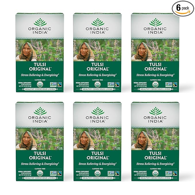 ORGANIC INDIA Tulsi Original Herbal Tea - Holy Basil and African Basil Calming and Stress Relief Tea Immune Support USDA Certified Organic Non-GMO Caffeine-Free - 18 Infusion Bags 6 Pack