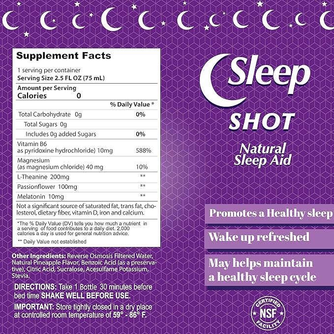 Sleep Shot by Alfa Vitamins - Contains 10 MG of Melatonin Vitamin B6 L-Theanine for Healthy Sleep &amp Night time Routine- 2.5oz Shot Bottle - 20 Pack