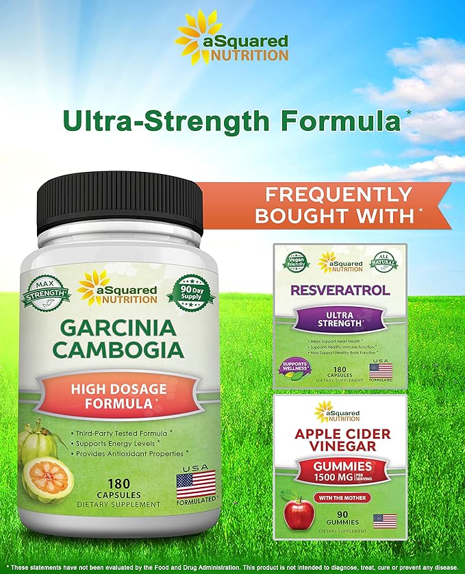 aSquared Nutrition Garcinia Cambogia 1600mg-180 Capsules-Natural Pure Extract Pills for Brain Health- Standardized Ultra HCA &amp Garcinia Cambogia Supplement Alternative to Gummies Drops Tea &amp