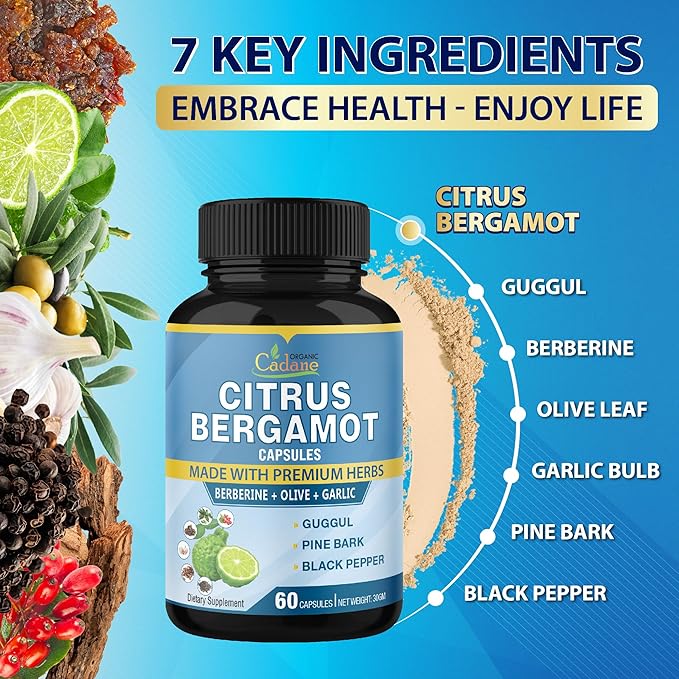 Cadane 2 Packs Citrus Bergamot Extract Capsules with Berberine Olive Guggul Garlic Pine Bark Black Pepper | 4 Months Supply