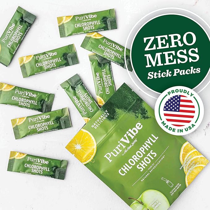 All About Juicing Chlorophyll Green Juice Shots - Clean Energy Detox Alkalize - 30 Stick Packs - Superfood Juice Powder - PuriVibe