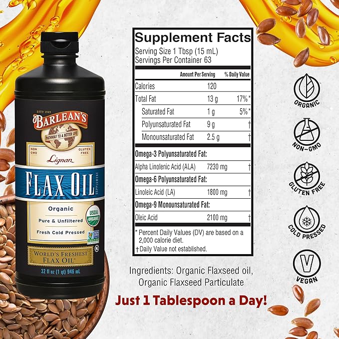 Barlean's Organic Lignan Omega 3 Flaxseed Oil Liquid Supplement for Men and Women Cold Press Flax Seeds 7230mg ALA Fatty Acid Vegan and Gluten Free 32 oz