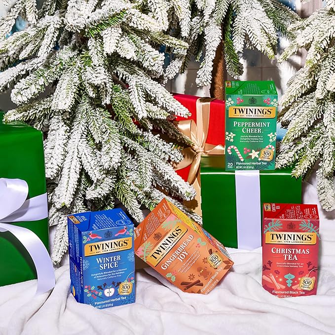 Twinings Holiday Variety Pack Tea Bags Christmas Tea Winter Spice Gingerbread Joy Peppermint Cheer 20 Count (Pack of 4) Enjoy Hot or Iced 80 Teabags