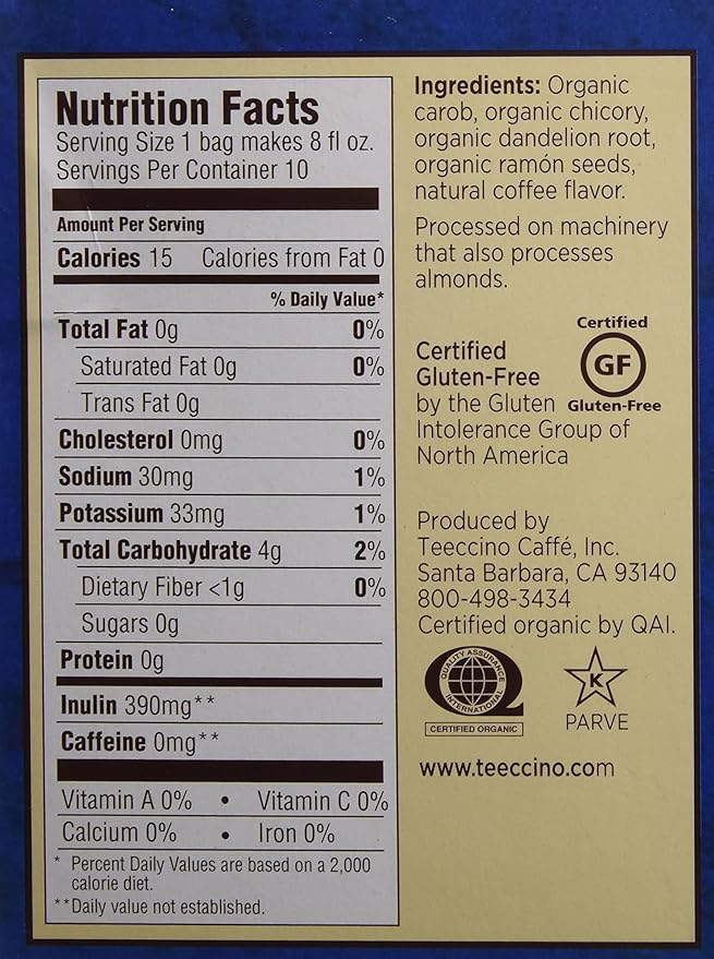 Teeccino Dandelion Tea – Dark Roast Roasted Herbal Tea | Organic Roasted Dandelion Root | Prebiotic | Caffeine Free | Gluten Free Acid Free Coffee Alternative 10 Tea Bags (Pack of 6)