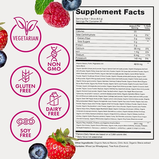 Zena Nutrition Organic Super Greens Powder 70+ Superfoods 0 Sugar 3g Fiber Spirulina Chlorella Mushrooms Prebiotics/Probiotics Digestive Enzymes Gut Health Mixed Berry 30 Drink Mix Packets