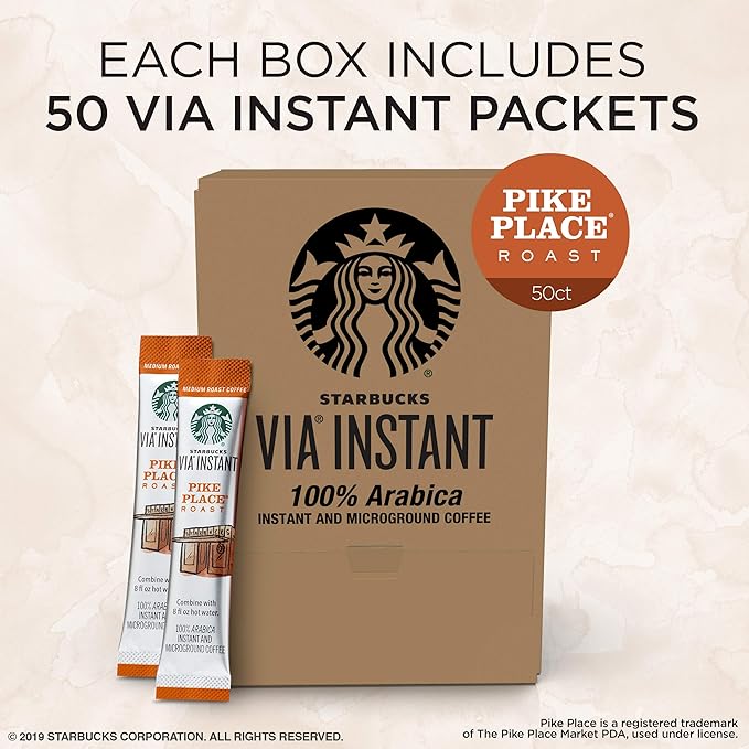 Starbucks VIA Instant Coffee Medium Roast Packets - Pike Place Roast - 8 Count (Pack of 12) &amp 1 Box (50 Packets)
