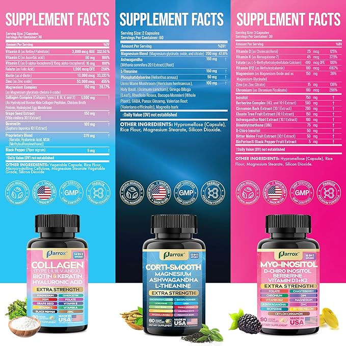 She Shines Set – Collagen Cortisol &amp Myo-Inositol Bundle – Collagen Peptides I II III V X + Biotin Hyaluronic Acid – Hormone Balance Calm Energy &amp Glowing Skin