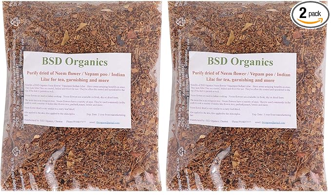 BSD Organics Purify dried Neem flower/Vepam poo/Indian Lilac for tea garnishing and more ... - 100 gram 0.22 Pounds (Pack of 2)