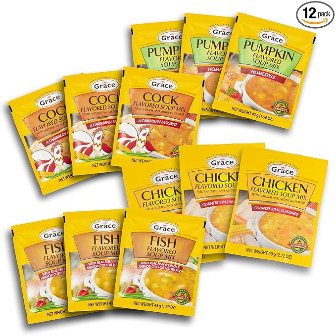 Grace Variety Pack of Flavored Soup 12 Pack - Chicken Fish Cock and Pumpkin Jamaican Flavored Mixes