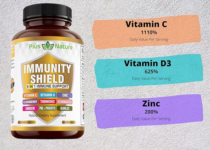 9-in-1 Immune Support Vitamin C (1000mg) Vitamin D3 (5000 IU) Zinc(22mg) with Elderberry Turmeric Echinacea Ginger Garlic and Pre+Pro-Biotic per Serving (120 caps per Bottle - 2 Month Supply)