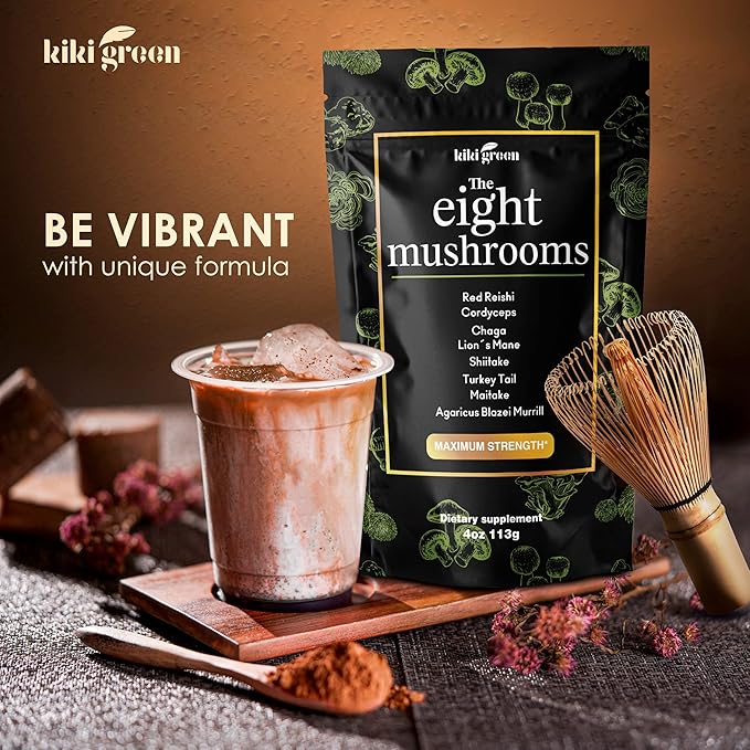 KIKI Green 8 Mushrooms Powder Extract - 4 oz Adaptogenic Complex for Coffee and Smoothies - Lion's Mane Chaga Reishi Cordyceps Maitake Shiitake - Focus and Energy