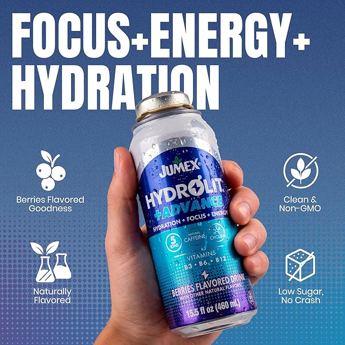 Jumex Hydrolit +Advance Hydration Energy Drinks - 90 Calorie Blueberry Sports Drinks - Non Carbonated Electrolyte &amp Vitamin Water with Ions Choline B3 B6 B12 &amp Natural Caffeine - 15.5oz 1