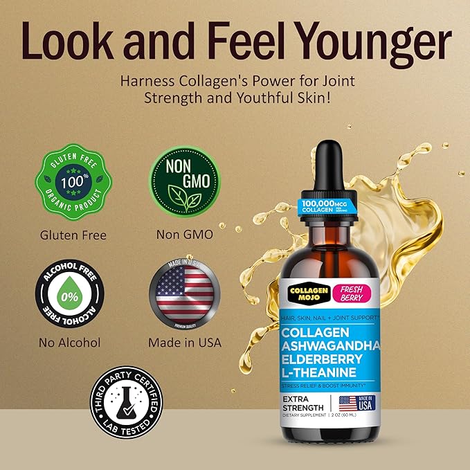 Collagen Mojo - Liquid Collagen for Women &amp Men Collagen Peptides with Ashwagandha Elderberry &amp L-Theanine - Hair Skin Nails Joint &amp Stress Support High Absorption - 100000mcg 2 Oz