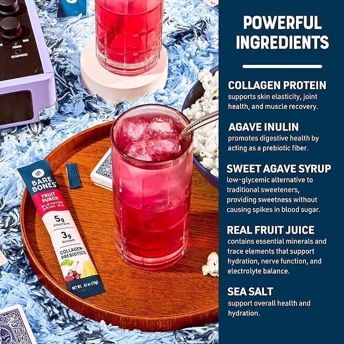 Bare Bones Fruit Punch Elevated Drink Mix | Collagen &amp Prebiotics | Gluten-Free &amp Naturally Sweetened | On-the-Go Stick Single-Serve Packs Powdered Refreshment | 5g Protein | 16 Packets (.60 o