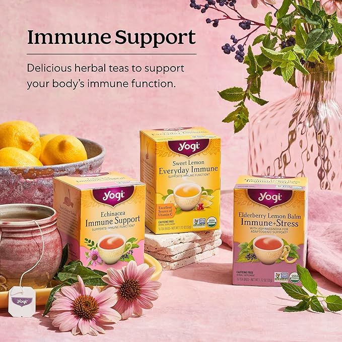 Yogi Tea Elderberry Lemon Balm Immune &amp Stress Tea - 16 Tea Bags per Pack (6 Packs) - Organic Immune Support Tea - Includes Ashwagandha Root Lemon Balm Leaf Lemongrass Licorice Root &amp More.