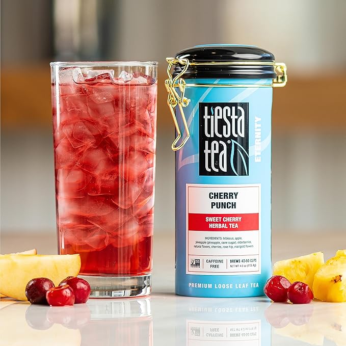 Tiesta Tea - Cherry Punch Herbal Drink and Brewbasket Infuser Bundle Sweet Cherry Herbal Tea Non-Caffeinated 4oz Refillable Tin with 5oz Reusable Stainless Steel Strainer