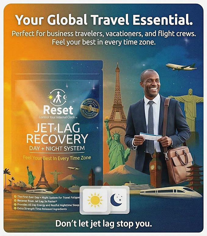Reset Jet Lag Recovery System | Day and Night Transdermal Patches with Extra Strength Melatonin Magnesium and B Vitamins | Travel Fatigue Relief Sleep Support and Energy Boost |12 Patches