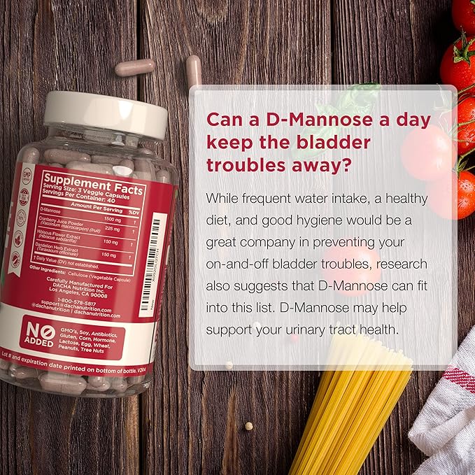 Natural D-Mannose Capsules 4-in-1 Formula - 120 CAPS 1500 MG Cranberry Dandelion Hibiscus Flower Extract Pills for Supporting Bladder and Urinary Tract Health