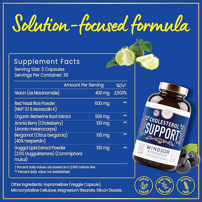 WINDSOR BOTANICALS Cholesterol Supplements - Citrus Bergamot Niacin Red Yeast Rice Berberine Aronia Berry Extract to Support Normal HDL and LDL Cholesterol Levels - 90 Vegan Non-GMO Capsules