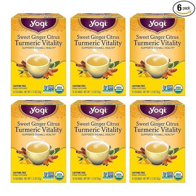 Yogi Tea Sweet Ginger Citrus Turmeric Vitality - 16 Bags per Pack (6 Packs) - Organic Ginger &amp Turmeric Root Tea - Supports Well-being - Includes Cinnamon Bark &amp More