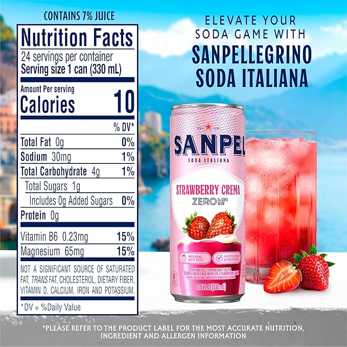 Sanpellegrino Soda Italiana Strawberry Crema Italian Sparkling Drink 0g Added Sugar Real Fruit Juice Italian Soda Sparkling Beverage 24-Pack