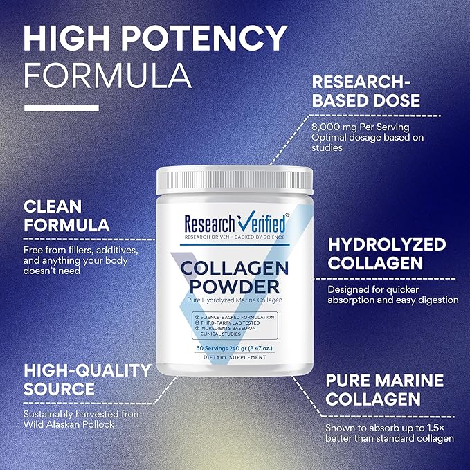 Research Verified® Collagen Powder - Hydrolyzed Marine Collagen Peptides - Unflavored - Skin Hydration and Elasticity Muscle Recovery Non GMO - 30 Scoops Per Container - 6 Month Supply