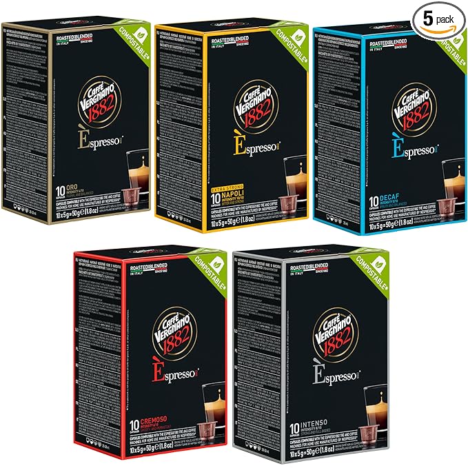 Caffe' Vergnano 1882 50 Count Oro Cremoso Intenso Napoli and Decaffeinato Original Line Machine Compatible Capsules Arabica Medium Roast Coffee Variety Pack Intensity Range 4/10 to 10/10