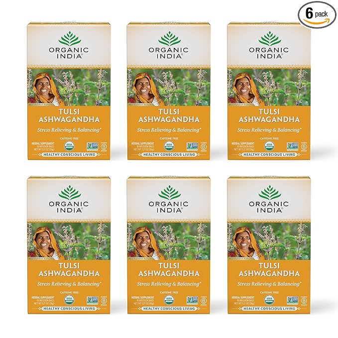 ORGANIC INDIA Calming Tulsi Ashwagandha Tea - Organic Tea Bags Holy Basil Vegan USDA Certified Organic Non-GMO Caffeine Free - 18 Infusion Bags 6 Pack