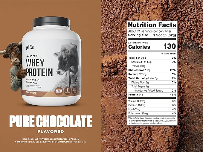 Levels Grass Fed Whey Protein Powder No Artificials 24G of Protein Pure Chocolate 5LB