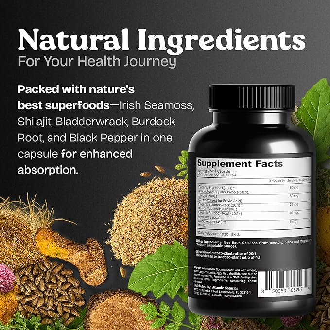 Atlantic Naturals Irish Sea Moss and Shilajit Capsules for Men &amp Women | 5-in-1 Seamoss Shilajit Combo with Bladderwrack Burdock Root &amp Black Pepper for Absorption &amp Vitality - 2705mg 60