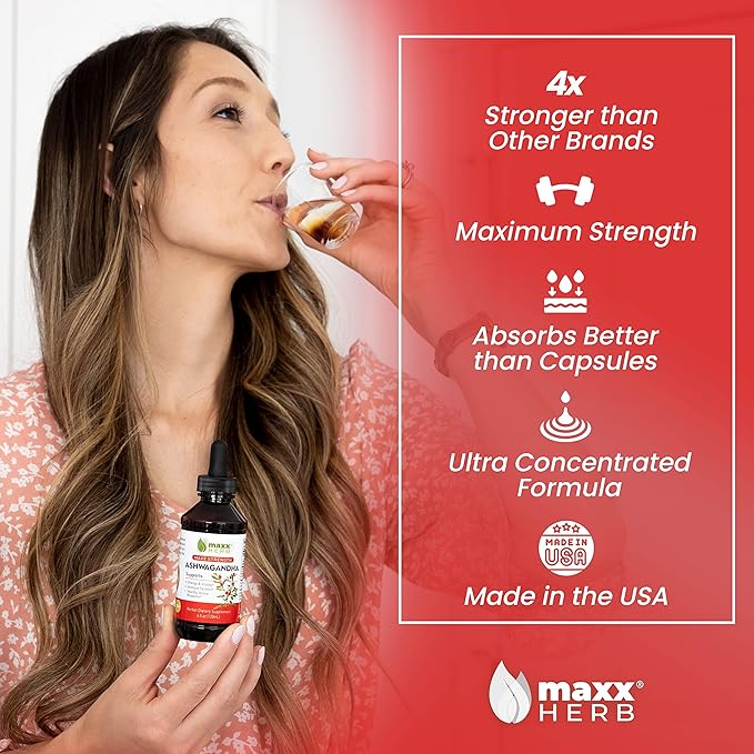 Maxx Herb Ashwagandha Extract – Max Strength Liquid Tincture Absorbs Better Than Capsules or Powder - for Stamina Memory &amp Immune Support - 4 Oz Bottle (60 Servings)