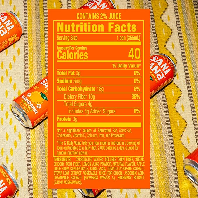 Sana Sana by Jarritos - Mexican Prebiotic Soda Soft Drinks Mandarin (12 oz 355ml) 12 Cans - 40 Calories 10g of Fiber - Low Sugar - Natural Flavor Soda Pop