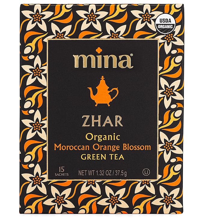 Mina Zhar Organic Moroccan Orange Blossom Green Tea 15 Biodegradable Sachets (Pack of 6) - Refreshing Sencha Green Tea Bags Low in Caffeine Orange Blossom Tea Bags