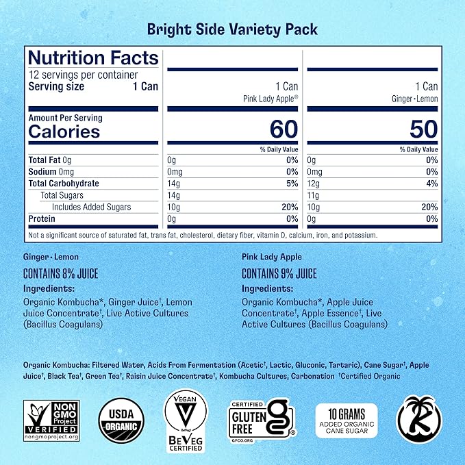 Health-Ade Canned Kombucha Tea Organic Drink Fermented Tea with Living Probiotics Detoxifying Acids Supports Gut Health Non-GMO Vegan Gluten Free 12 Pack (11.5 Fl Oz Cans) Bright Side Variety