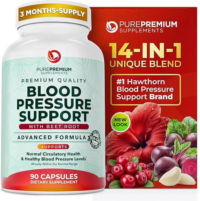 PurePremium Beet Root Capsules for Blood Pressure Support – 14-in-1 Formula with Beetroot Powder Hawthorn Hibiscus &amp Garlic for Normal Nitric Oxide Production &amp Heart Health – Non-GMO - 90ct