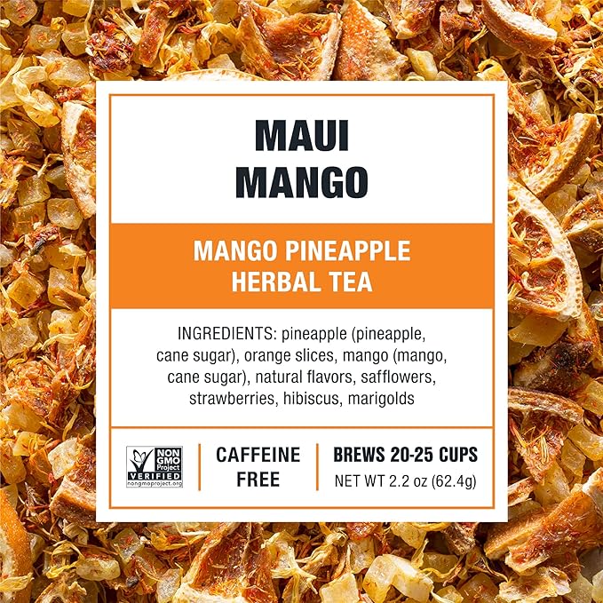 Tiesta Tea - Maui Mango Herbal Tea and Brewbasket Infuser Bundle Mango Pineapple Herbal Tea Non-Caffeinated Fruit Blend 5oz Reusable Stainless Steel Strainer