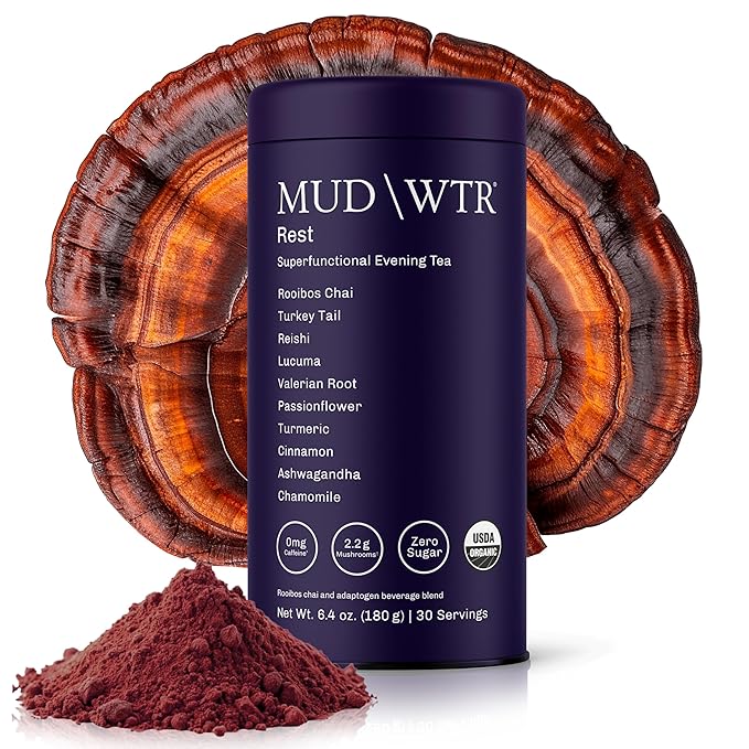MUD\WTR Rest Evening Mushroom Blend Powder | 2240mg Adaptogenic Mushroom Tea | Sleep Support Wind Down &amp Relaxation Tea | USDA Organic &amp Vegan | Turkey Tail Reishi Ashwagandha | 30 Serving