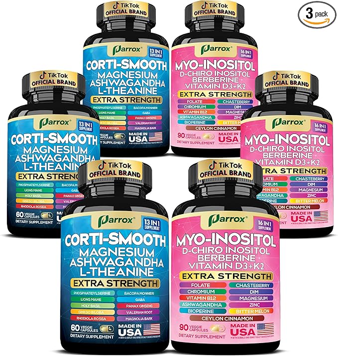 Cortisol &amp Myo-Inositol Supplement Bundle Soothe &amp Smooth Bundle Cortisol Balance GABA Magnesium Ashwagandha L-Theanine D-Chiro Inositol Folate Berberine Chasteberry Zinc (3 Pack)