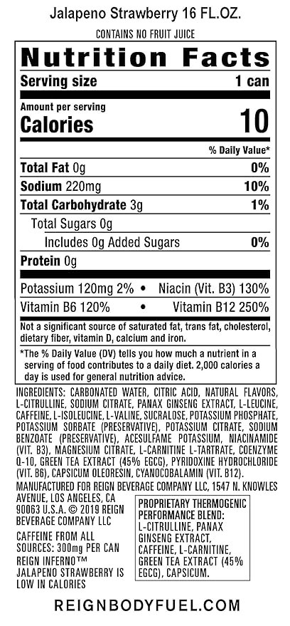 Reign Inferno Strawberry Jalapeno Thermogenic Fuel Fitness and Performance Drink 16 Ounce (Pack of 12)