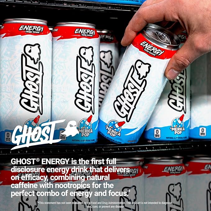 GHOST Energy Drink - 12-Pack 'Merica Pop 16oz Cans - Energy &amp Focus &amp No Artificial Colors - 200mg of Natural Caffeine L-Carnitine &amp Taurine - Gluten-Free &amp Vegan