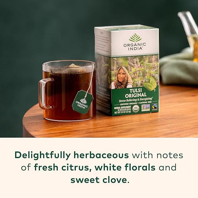 ORGANIC INDIA Tulsi Original Herbal Tea - Holy Basil and African Basil Calming and Stress Relief Tea Immune Support USDA Certified Organic Non-GMO Caffeine-Free - 18 Infusion Bags 6 Pack