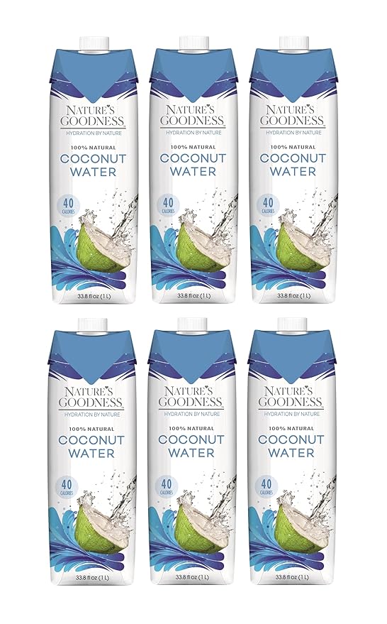 6 Pack of Nature's Goodness Coconut Water - 33.82 Fl Oz 1(L) (No Pulp Sugar Free Vegan Hydrating Naturally)