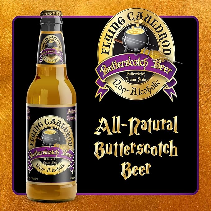 Flying Cauldron Butterscotch Beer 12 Fl Oz (Pack of 4) Vanilla Cream Soda Brew All- Natural Non-Alcoholic and Caffeine free.