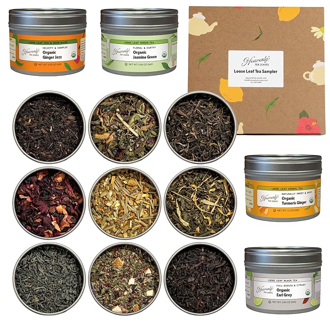 Heavenly Tea Leaves Organic 9 Loose Leaf Tea Sampler Gift Set (Approx. 90 Cups) | Assortment of Black Tea Green Tea Herbal Tea | High to No Caffeine | Great Hot or Iced | Premium Assorted Gift Box